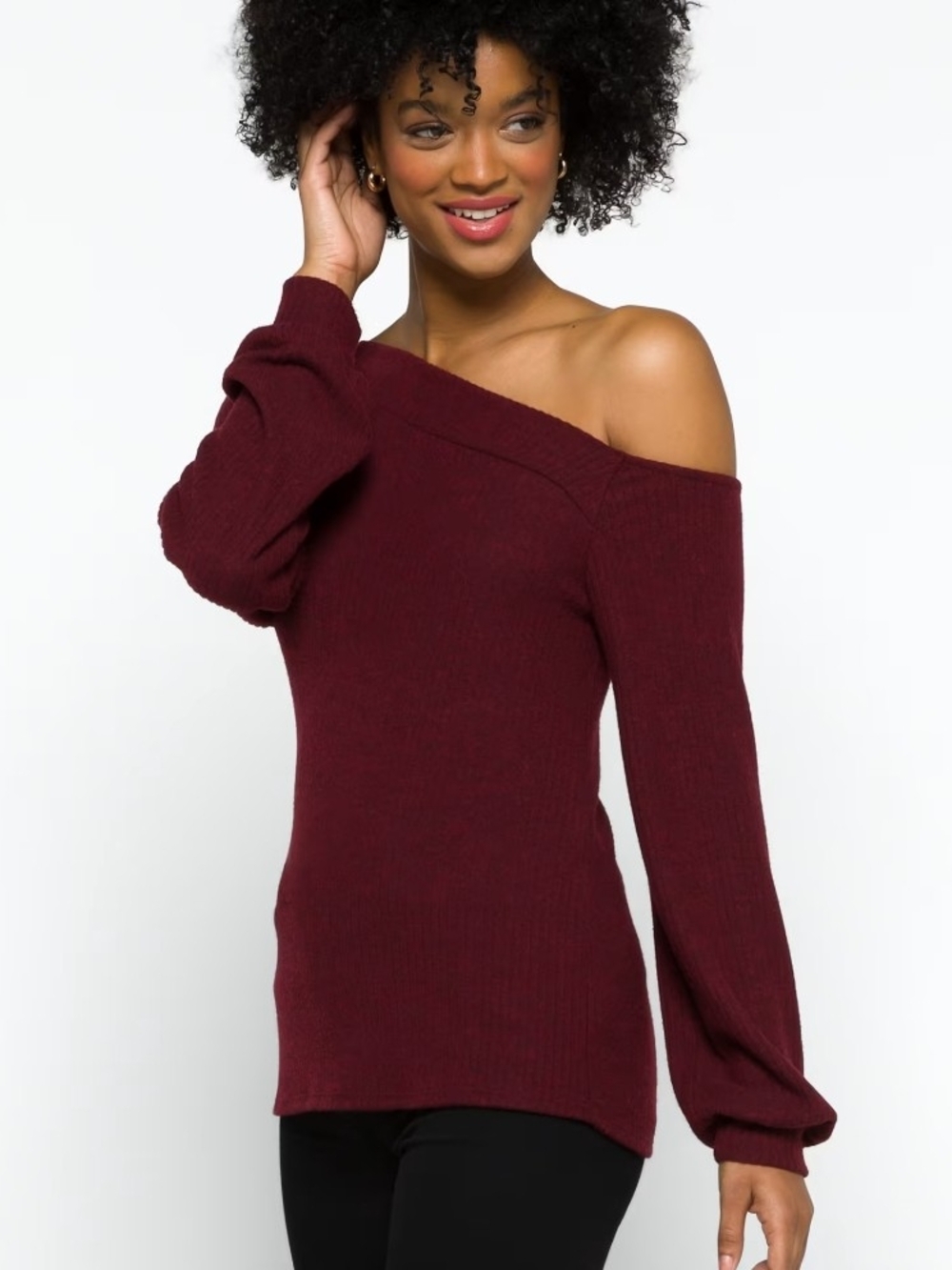 Women’s Off-Shoulder Long Sleeve Sweater - Burgundy